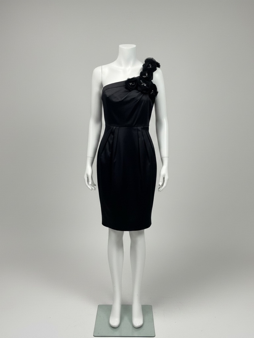 One-Shoulder Black Cocktail Dress with Floral Accent